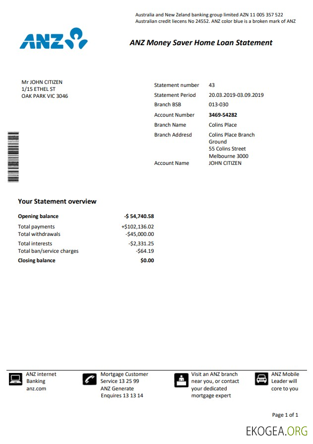 Modèle de relevé bancaire de preuve d'adresse Australie ANZ1